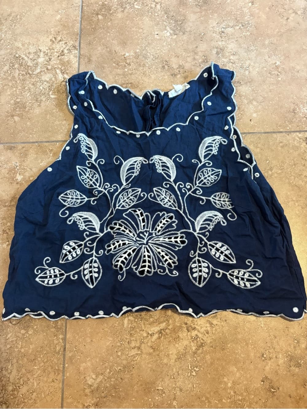 Christian Siriano Navy Tank with White Floral Embroidery