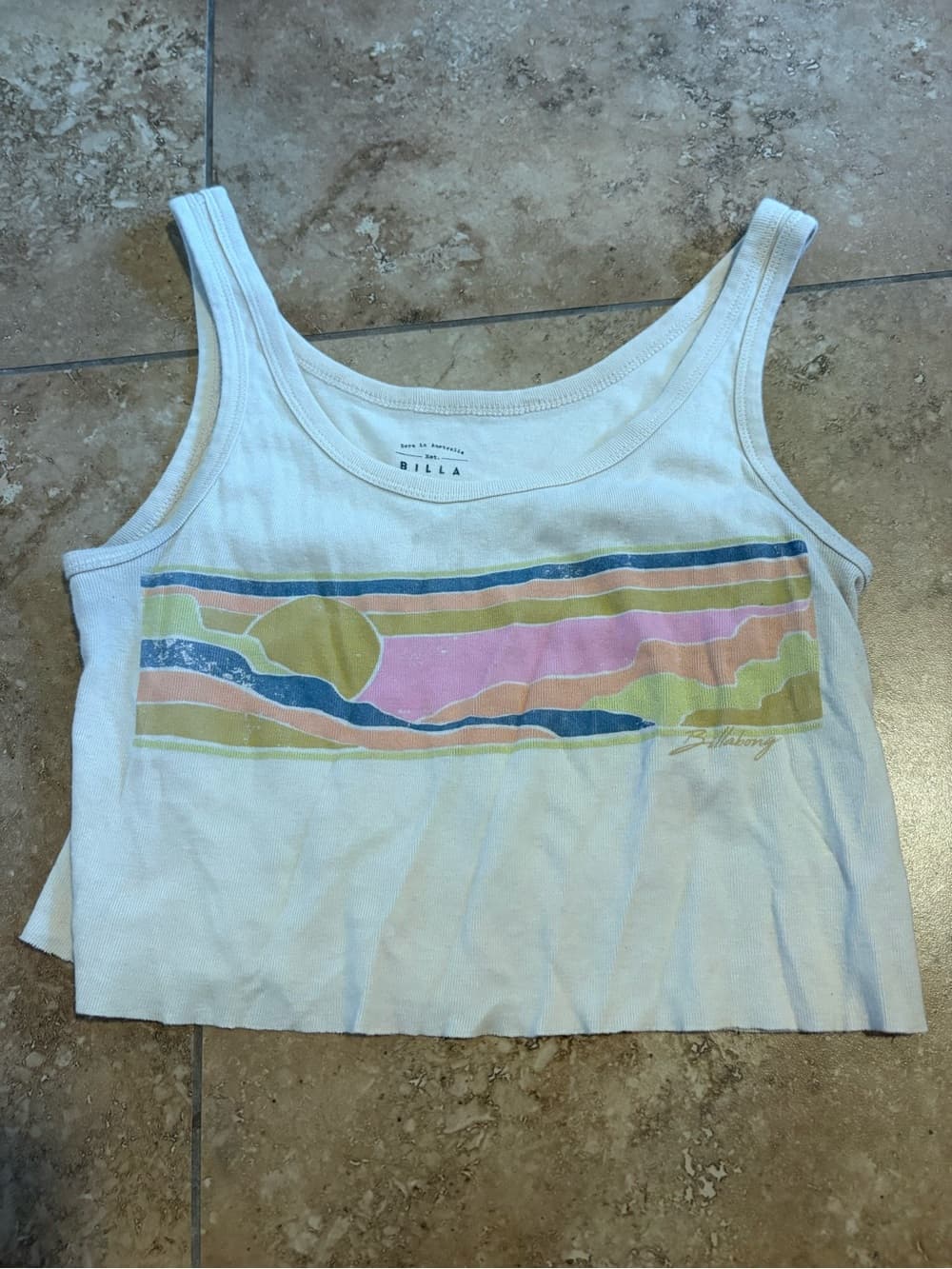 Billabong White Ribbed Crop Tank with Pastel Sunset Graphic