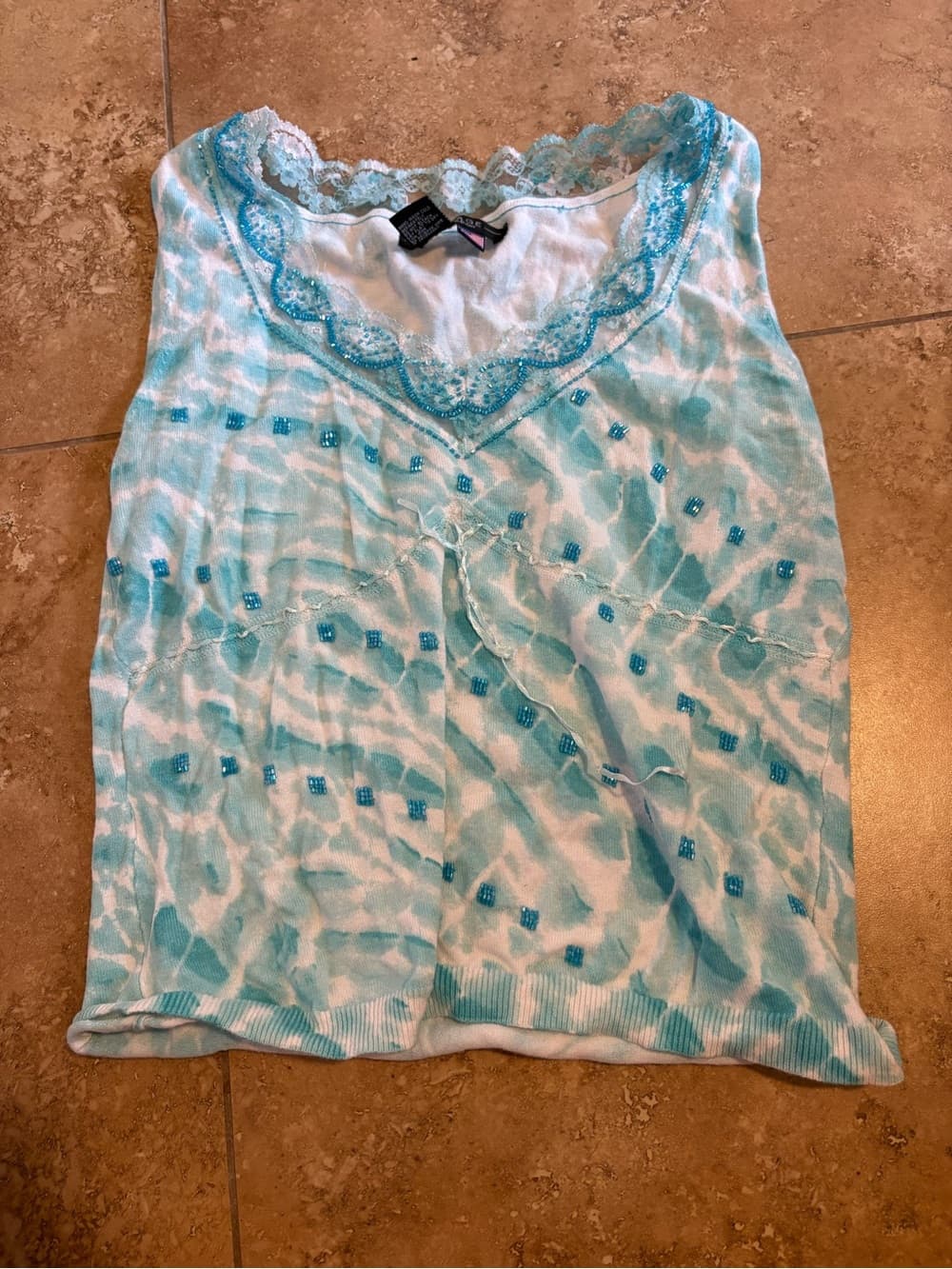 Rampage Aqua and White Lace-Trim Beaded Tank