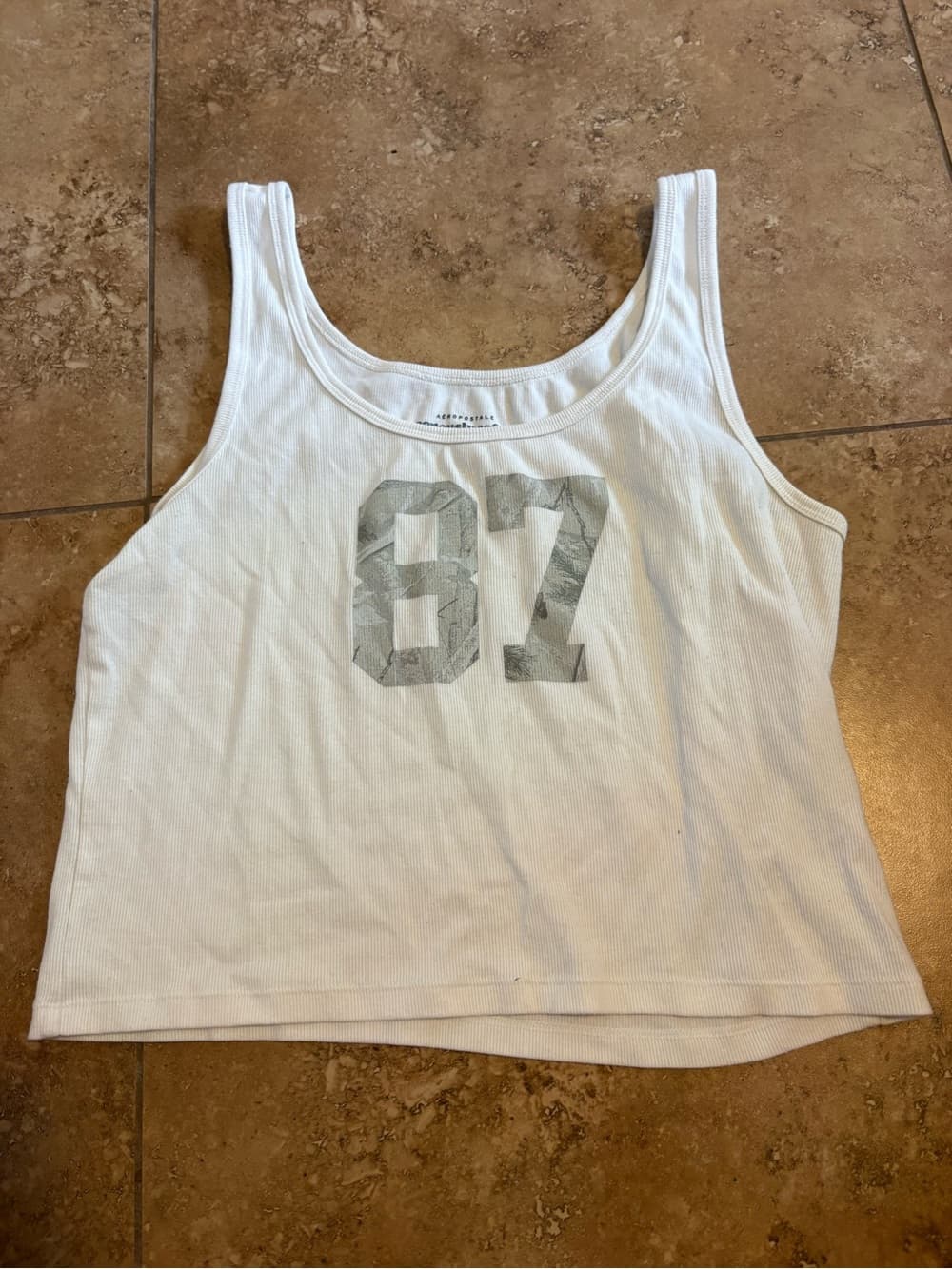 Aeropostale Women's White Tank Top with Gray '87' Graphic