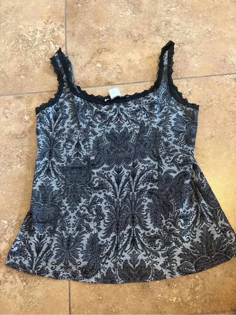 White House Black Market Black and Gray Damask Lace-Trim Tank