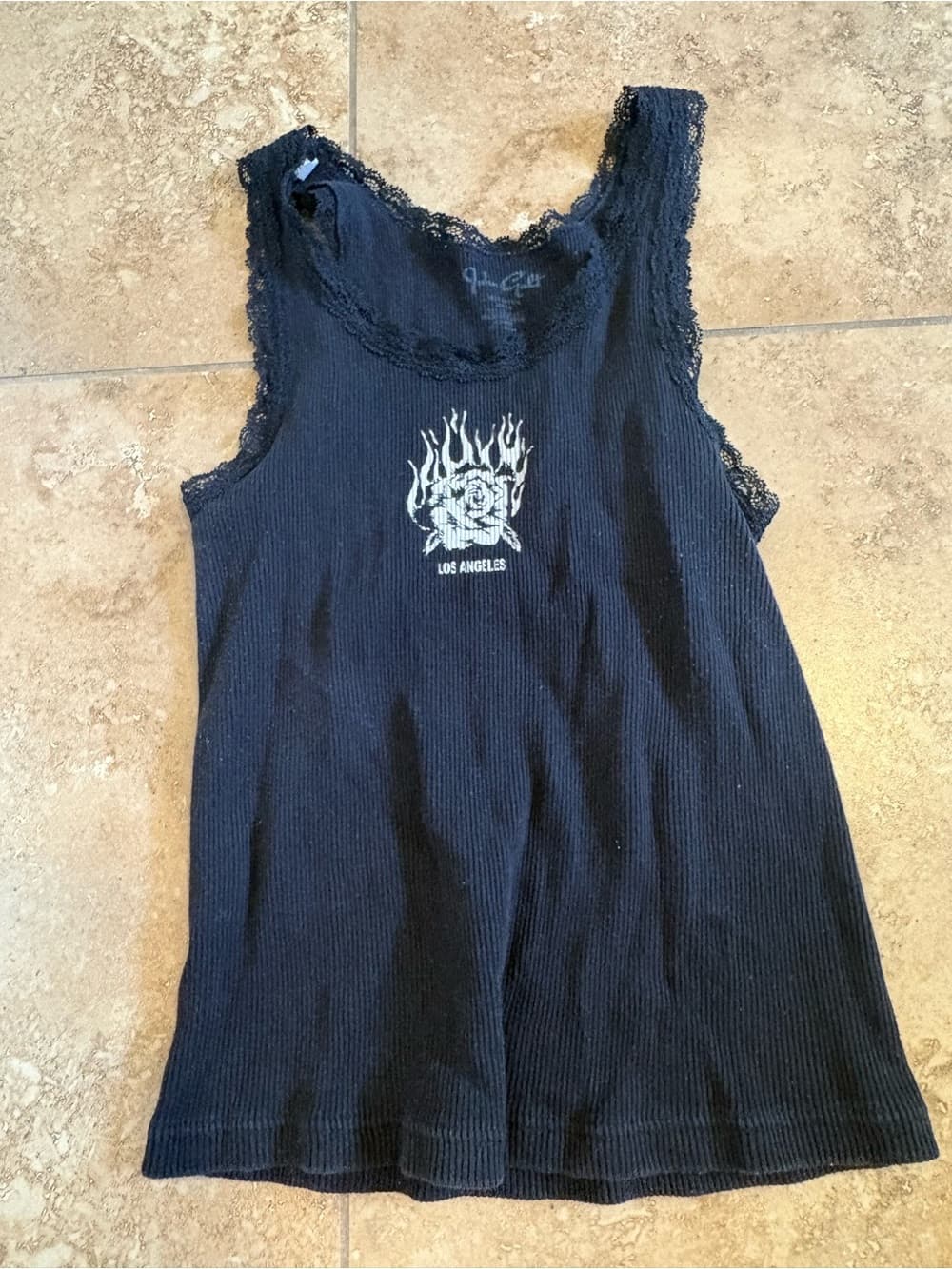 Brandy Melville Black Ribbed Lace-Trim Tank with White Flame Rose Graphic