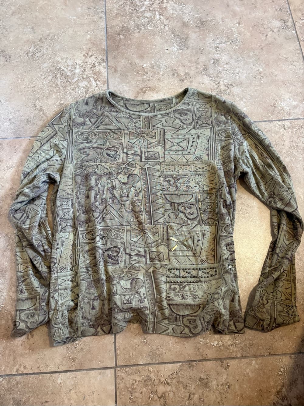 Patterned Olive Green Long Sleeve Tee