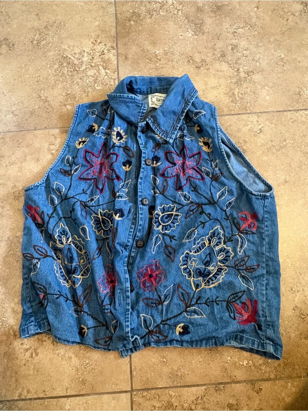 Embroidered Denim Button-Up Vest in Blue