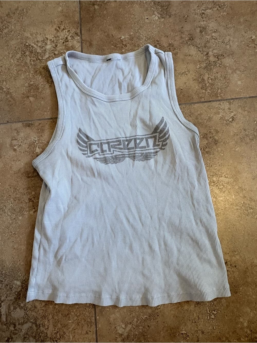 White Ribbed Tank Top with Winged Logo - Unbranded