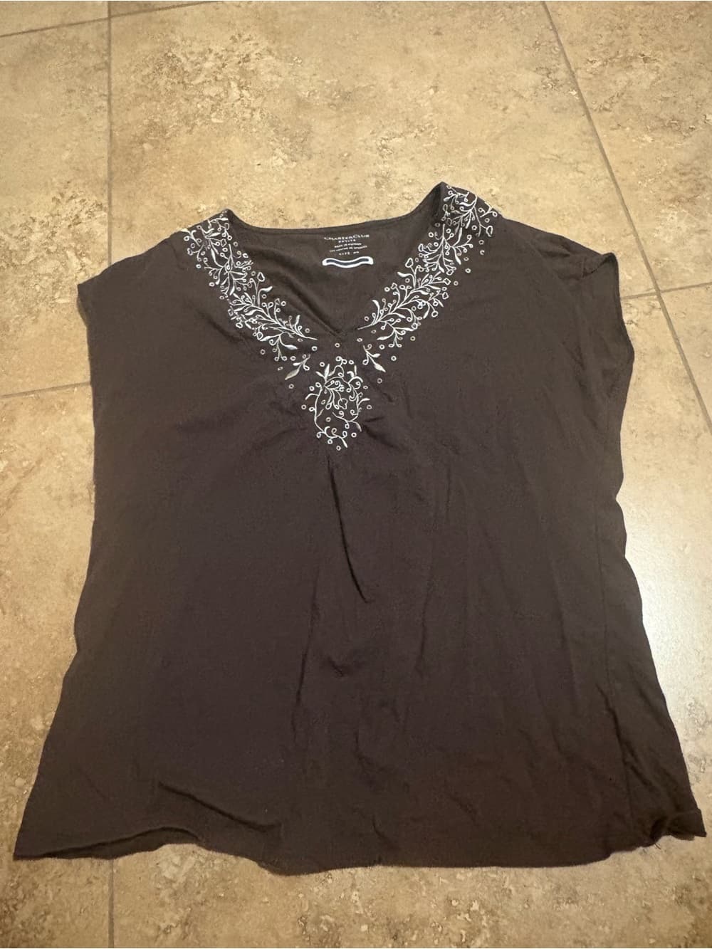 Sonoma Black V-Neck Tank with White Floral Embroidery