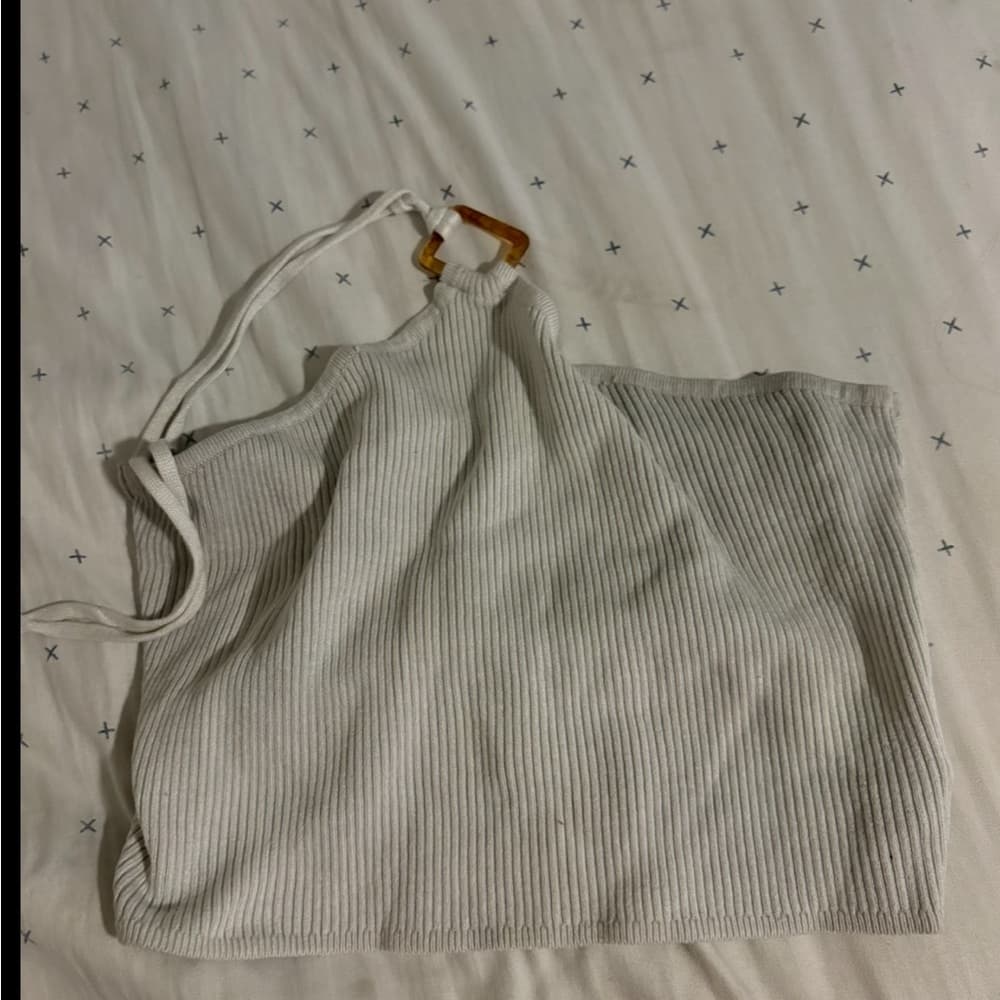 White Ribbed Halter Top with Tan Accent