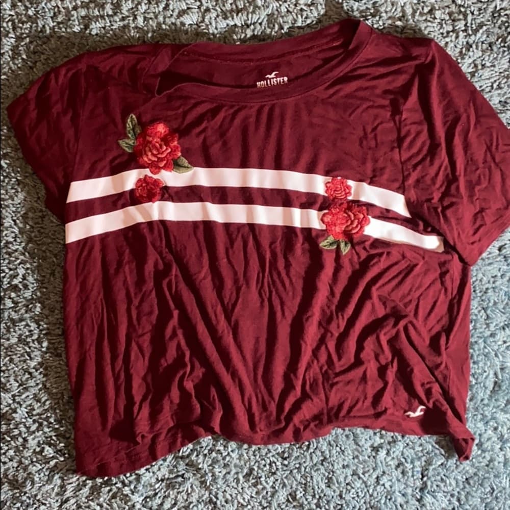 Maroon tee with white stripe and roses