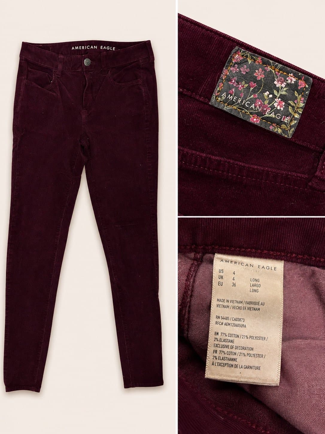 American Eagle Hi-Rise Jegging Corduroy Pants Burgundy Wine Size 4 Long