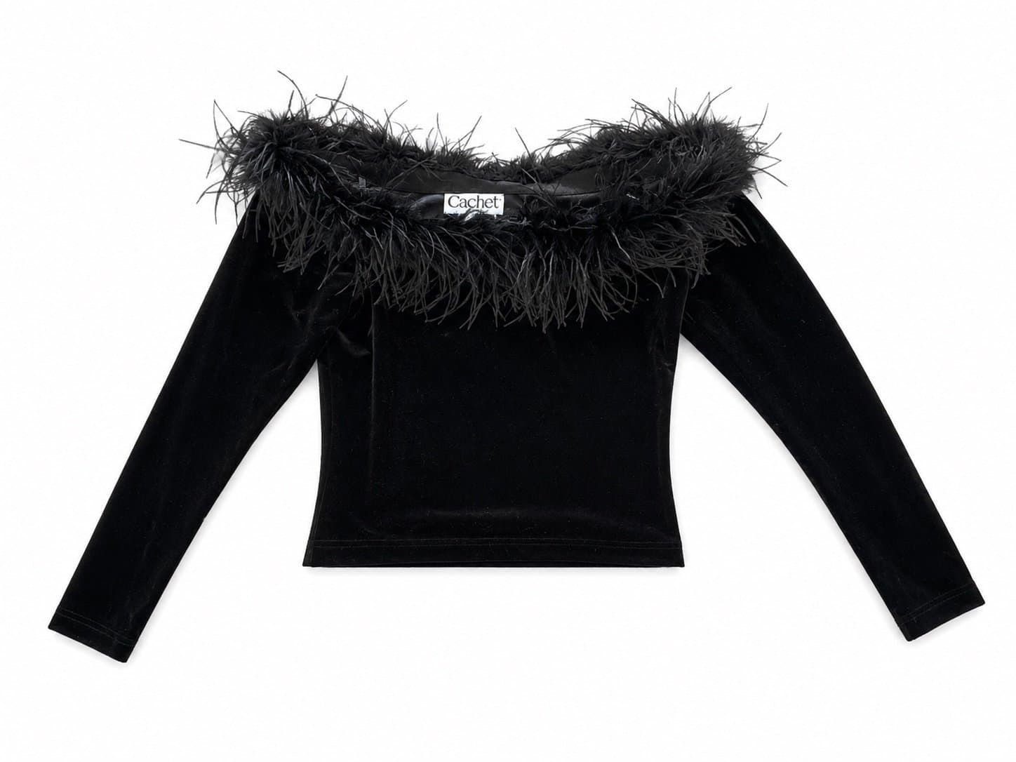 Vintage Cachet Black Velvet Off Shoulder Ostrich Feather Trim Top Women’s M Y2K