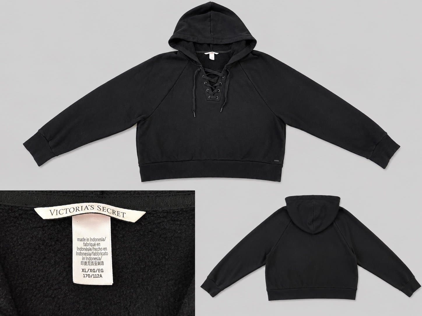 Victoria’s Secret Black Lace-Up Hooded Fleece Pullover Hoodie Women’s XL