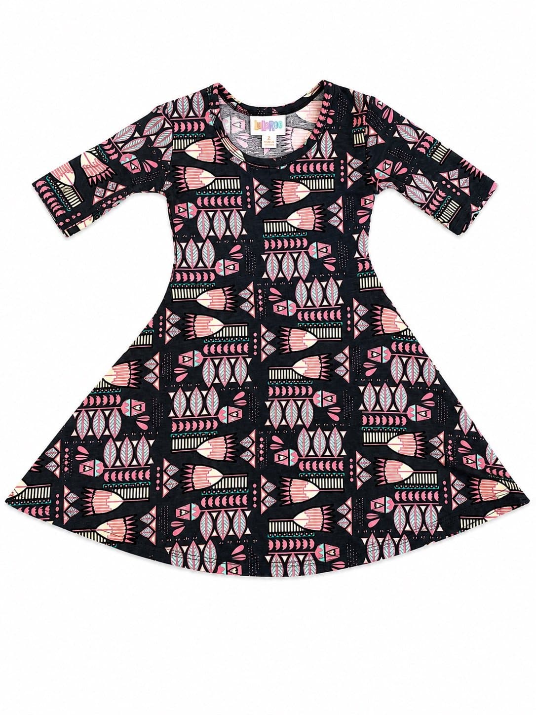 LuLaRoe Girls Size 2 Black Pink Geometric Floral Swing Dress | Soft Stretch