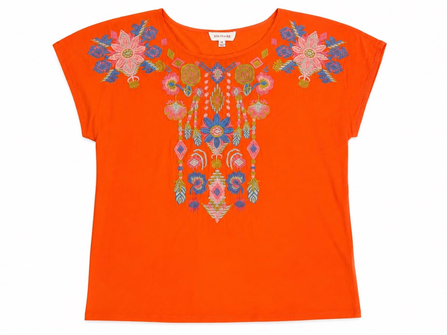 Solitaire Women’s Orange Embroidered Boho Floral Blouse Top Size Medium