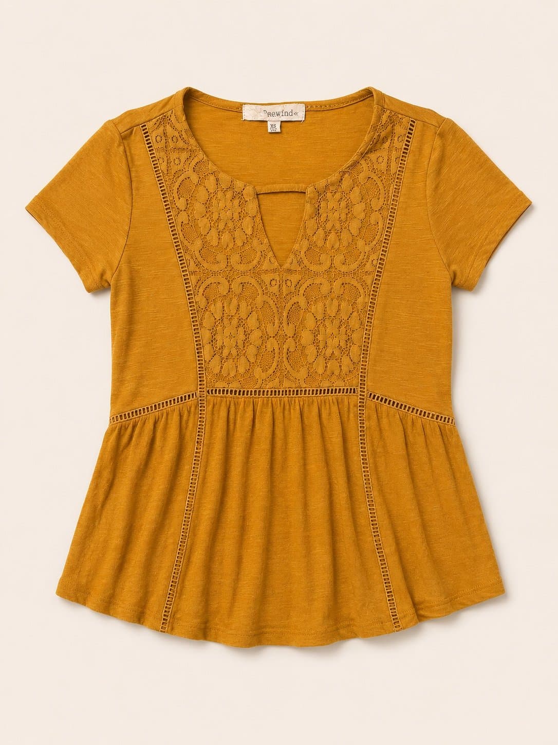 Rewind Women’s XS Mustard Boho Crochet Lace Peplum Top Short Sleeve