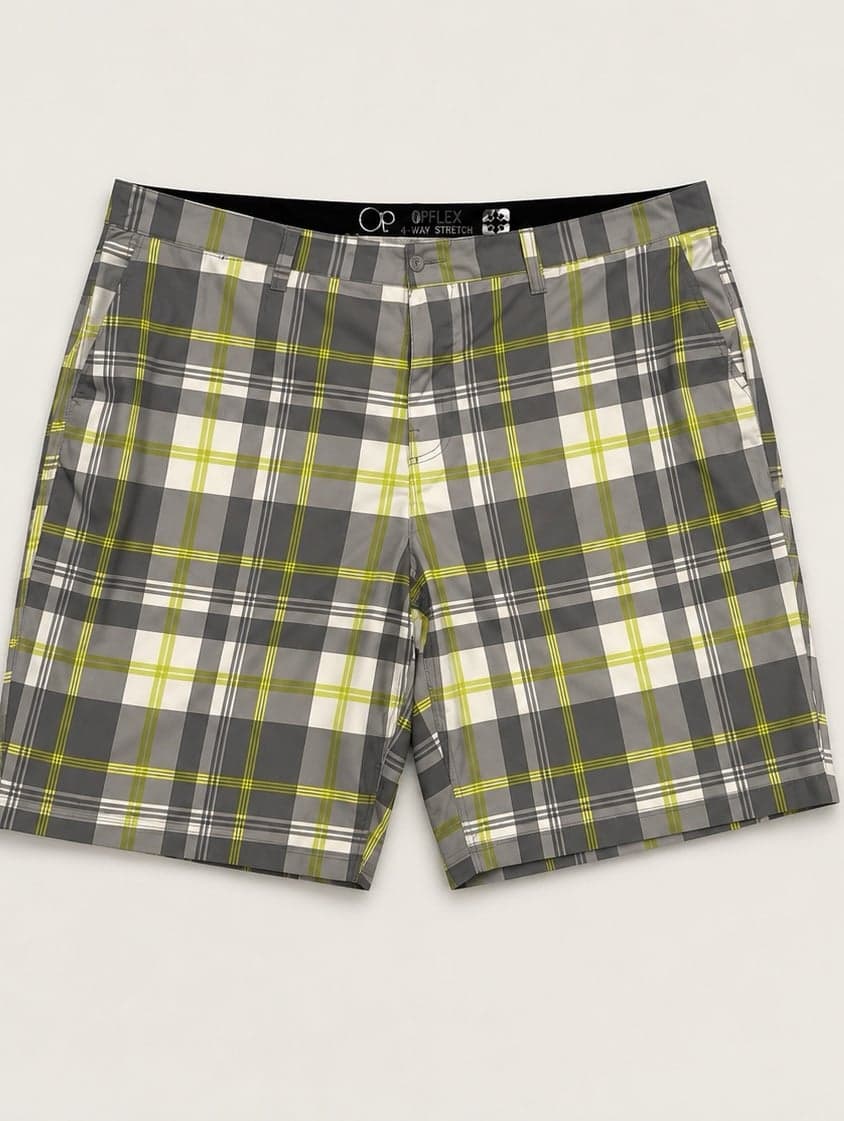 OP Ocean Pacific OPFlex Hybrid Swim Shorts Men’s Size 42 Gray Plaid 4way stretch