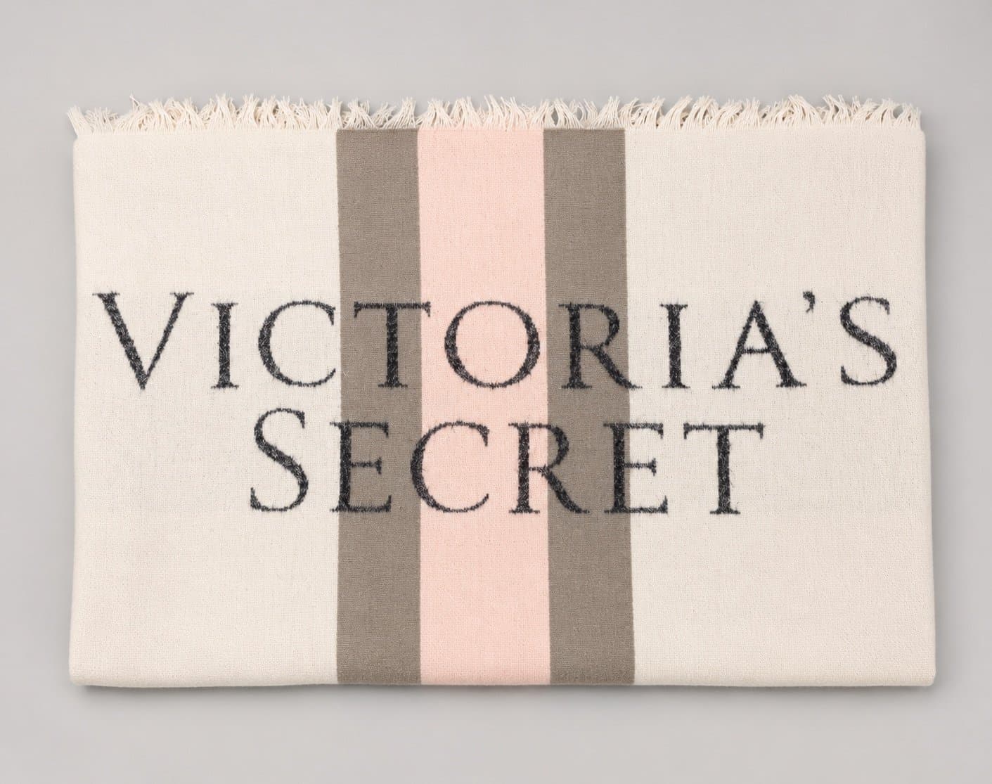 Victoria’s Secret Logo Fringe Throw Blanket Pink Gray Ivory Soft Cozy