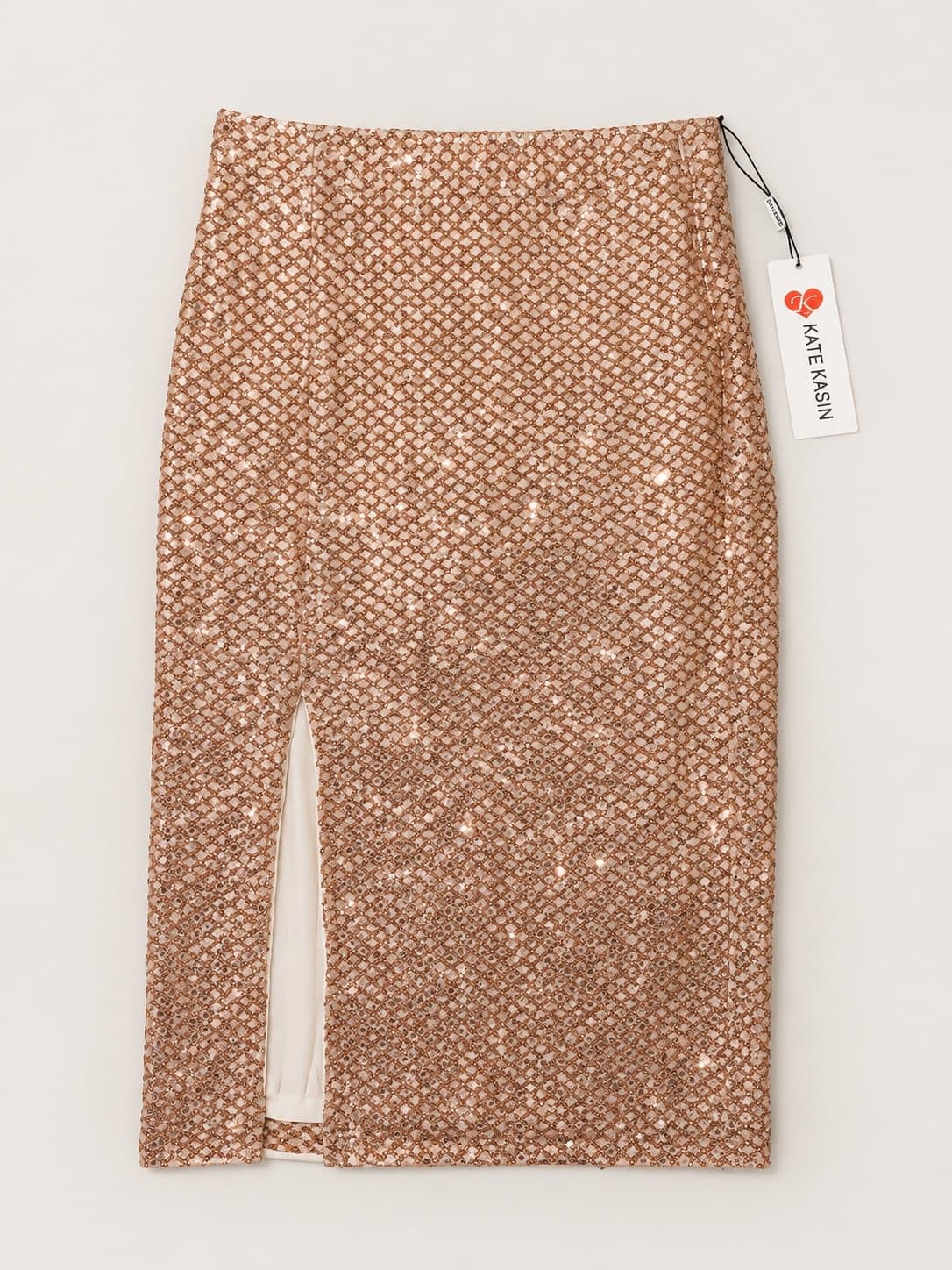 NWT Kate Kasin Rose Gold Sequin Midi Pencil Skirt Front Slit Party Holiday L