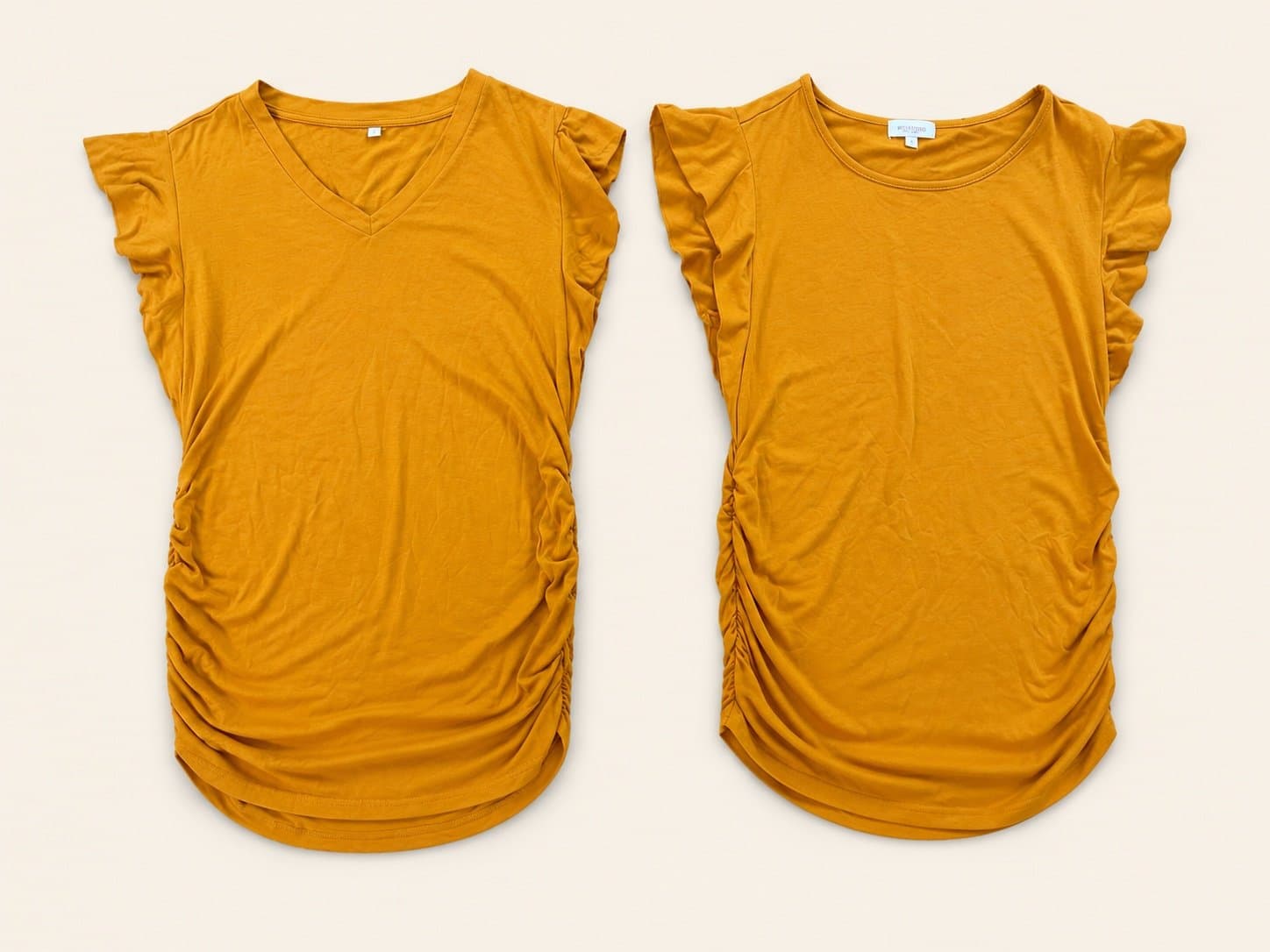 Lot of 2 Maternity Tops Size Small Mustard Yellow Ruched Side Flutter Sleeve