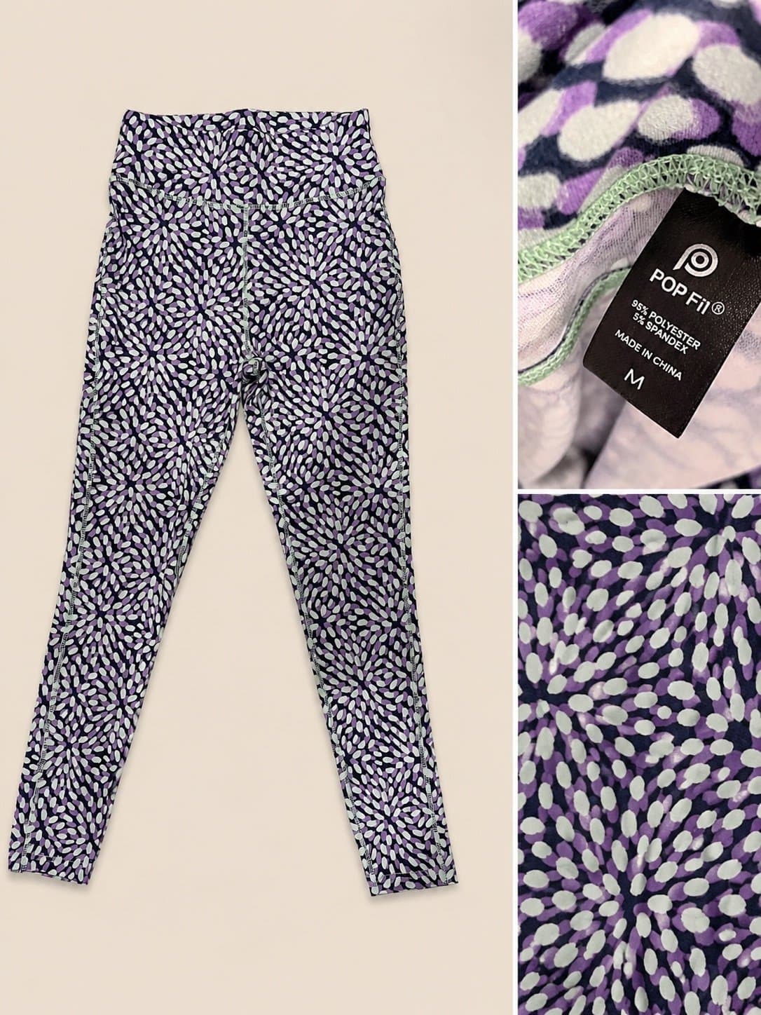 POPFIT Women’s Medium High Rise Athletic Leggings Purple Abstract Print Yoga