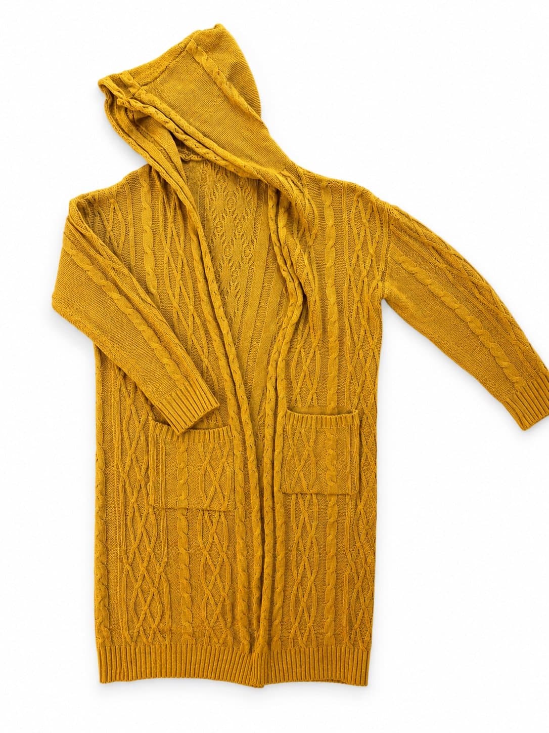 Boutique Mustard Cable Knit Hooded Long Cardigan Sweater | Size Medium