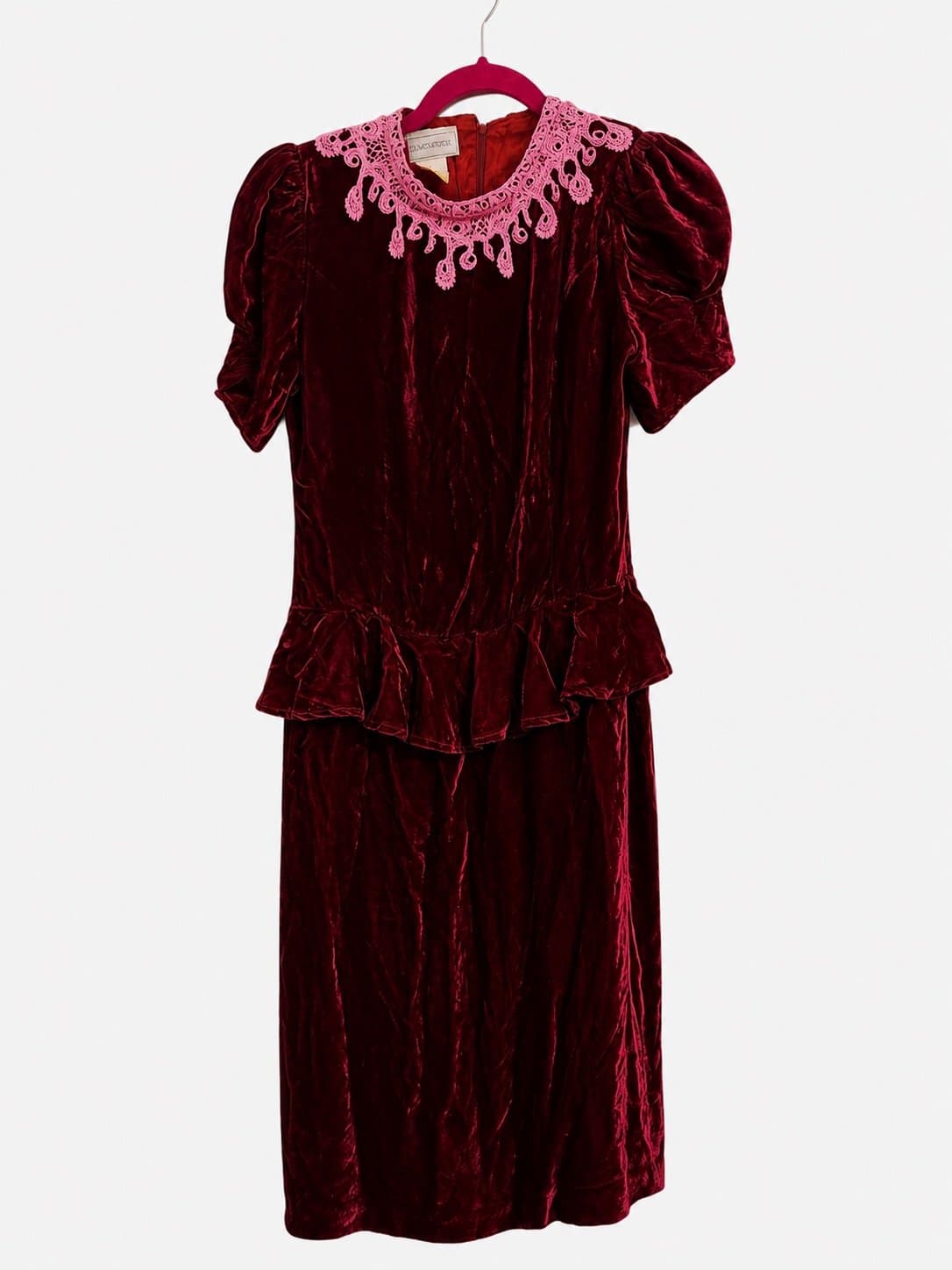 Vintage Jessica McClintock Burgundy Velvet Dress Pink Lace Collar USA