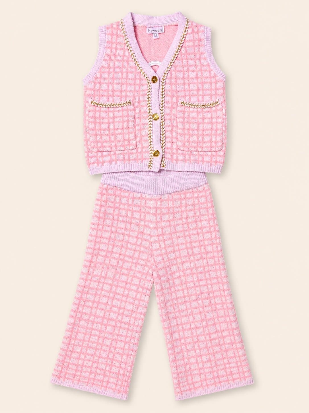 Btween Girls Size 2T Pink Plaid Knit Sweater Vest & Pants 2-Piece Set Gold Trim