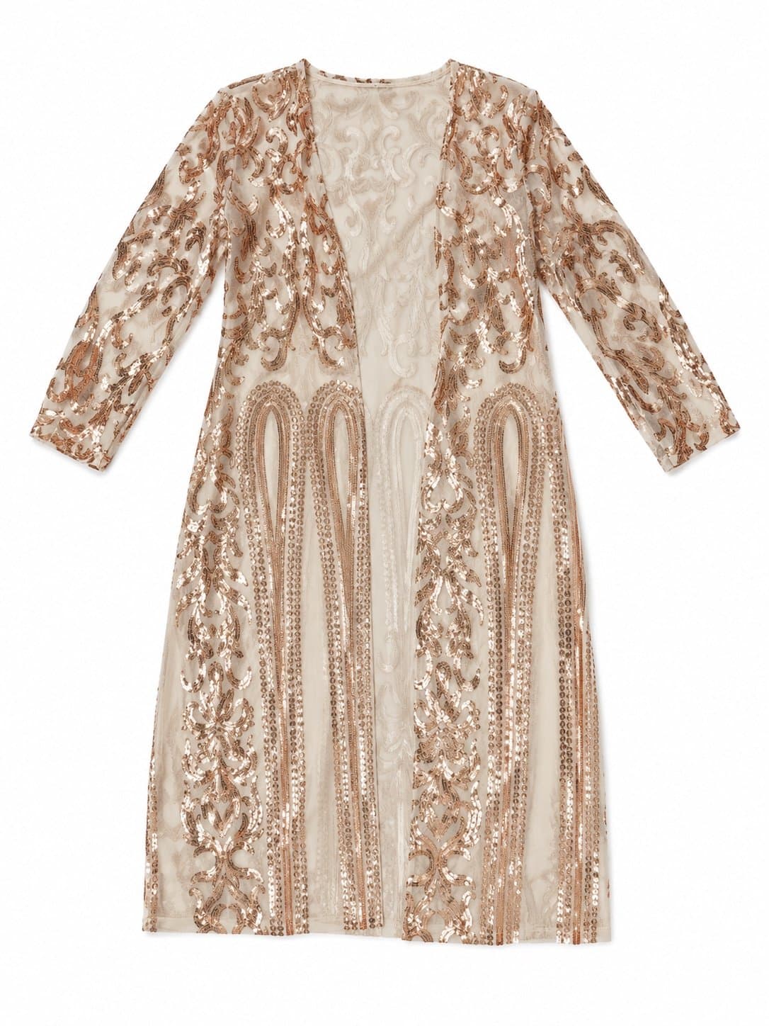 Boutique Small Champagne & Rose Gold Sequin Long Duster Kimono | Open Front