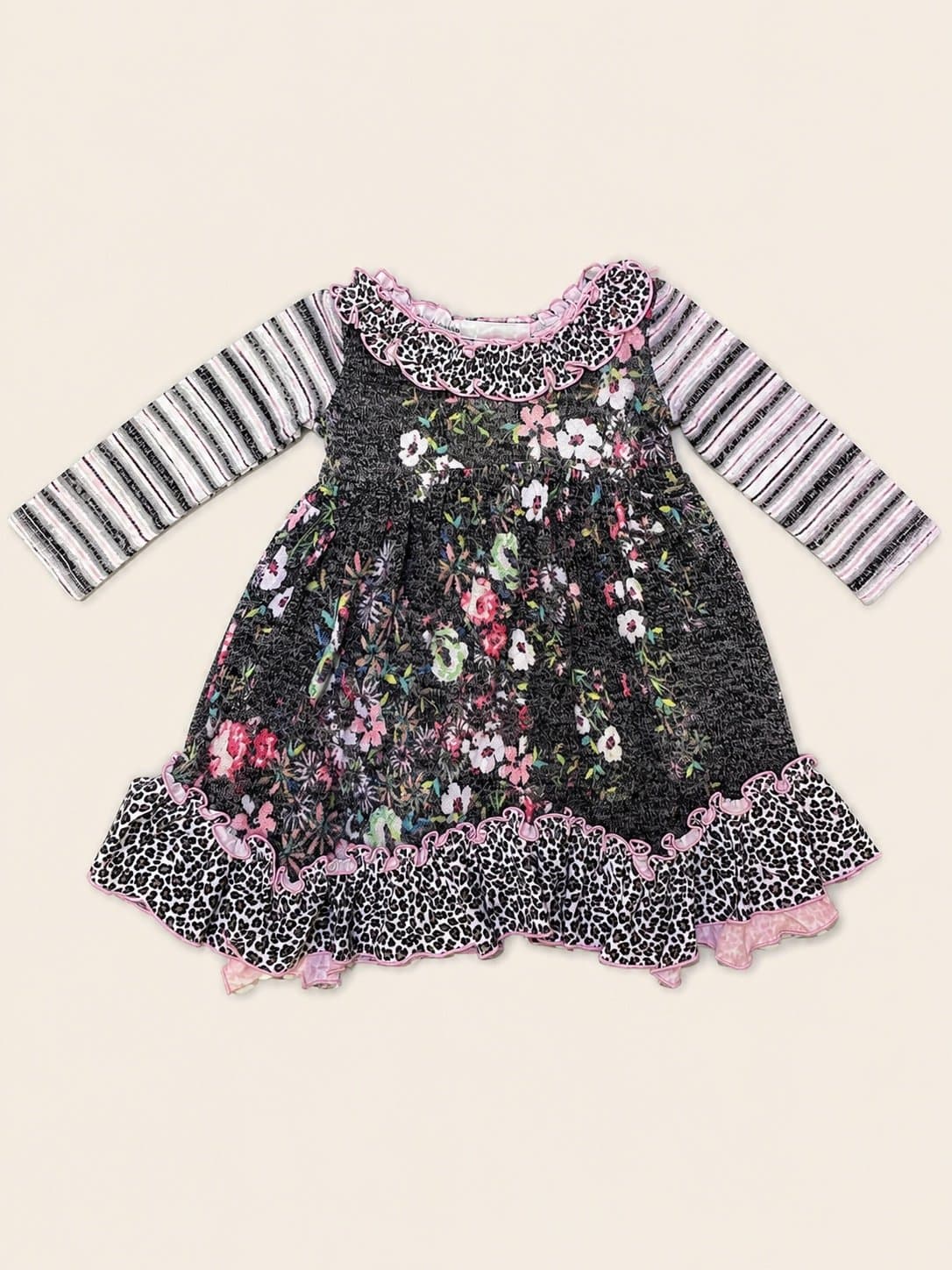 Bonnie Jean Girls 2T Floral Long Sleeve Dress Gray Pink Leopard Ruffle Toddler