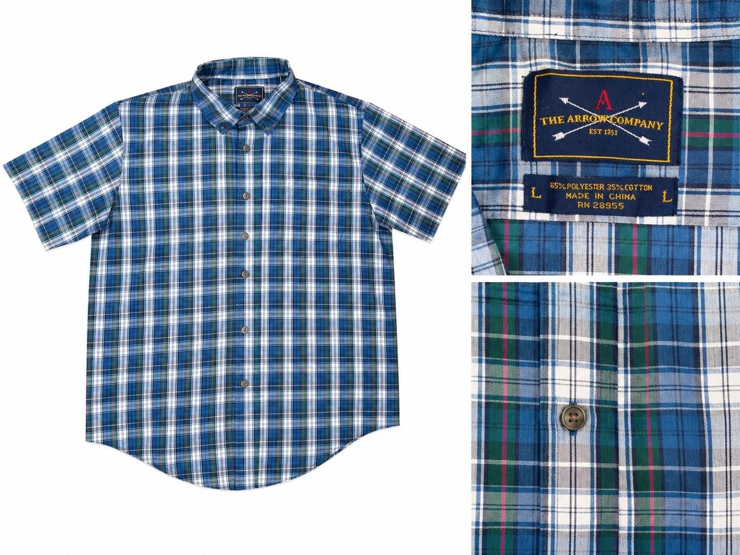 The Arrow Company Men’s Large Blue Green Plaid Short Sleeve Button Up Shirt L