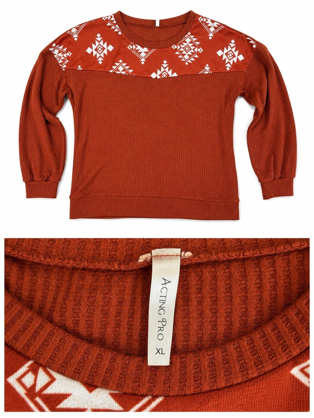 Acting Pro Women’s XL Rust Waffle Knit Southwestern Aztec Long Sleeve Pullover