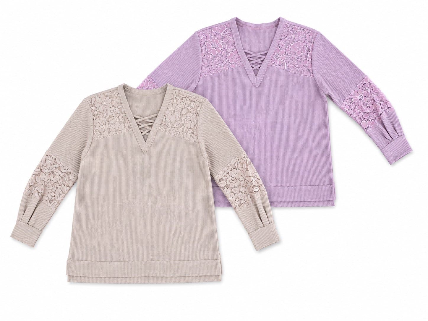Boutique Waffle Knit Lace Sleeve Top – Women’s XL – Blush Pink/Beige Beautiful