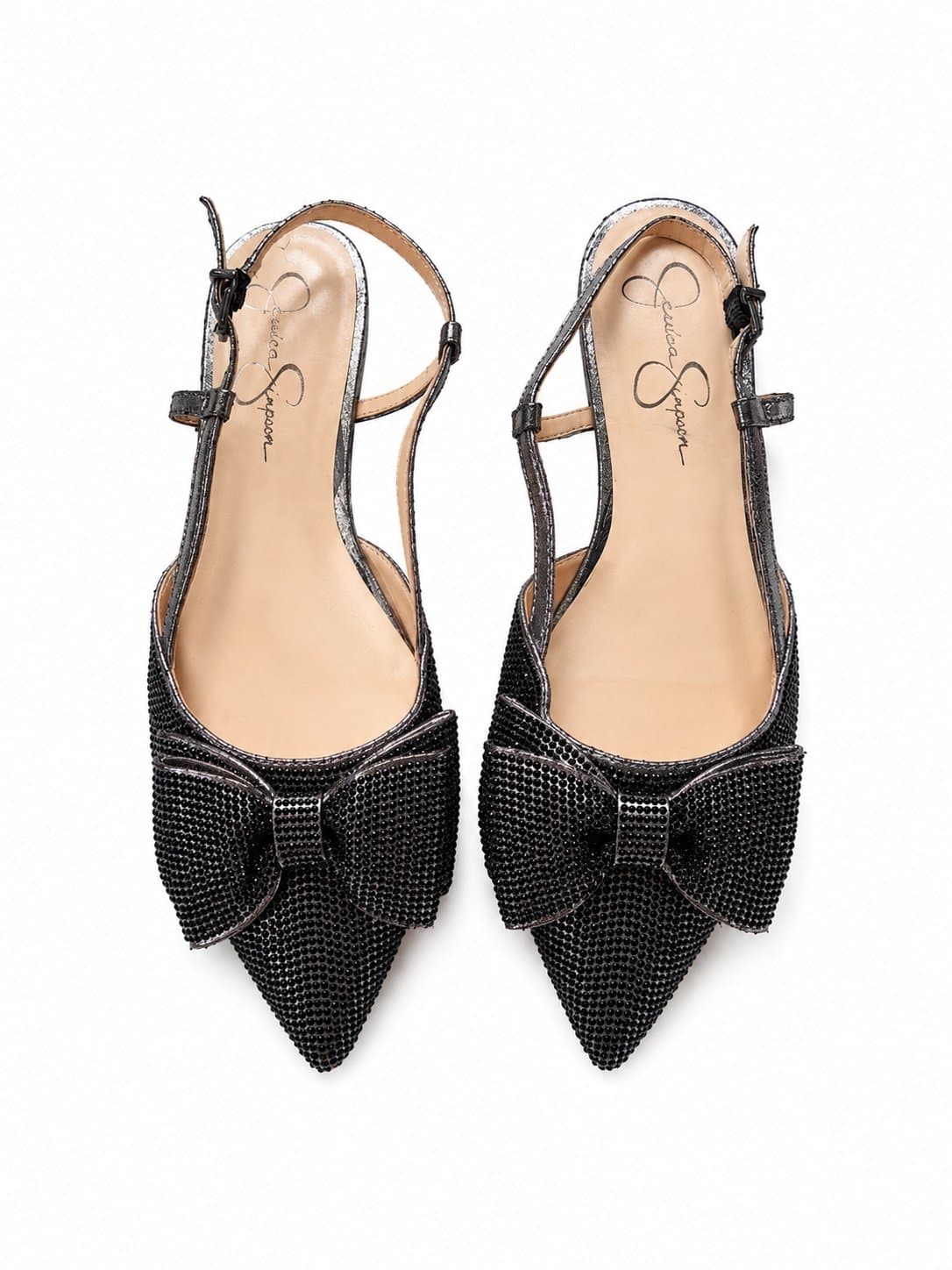 Jessica Simpson Rhinestone Bow Slingback Flats Black Pointed Toe Shoes 8.5M