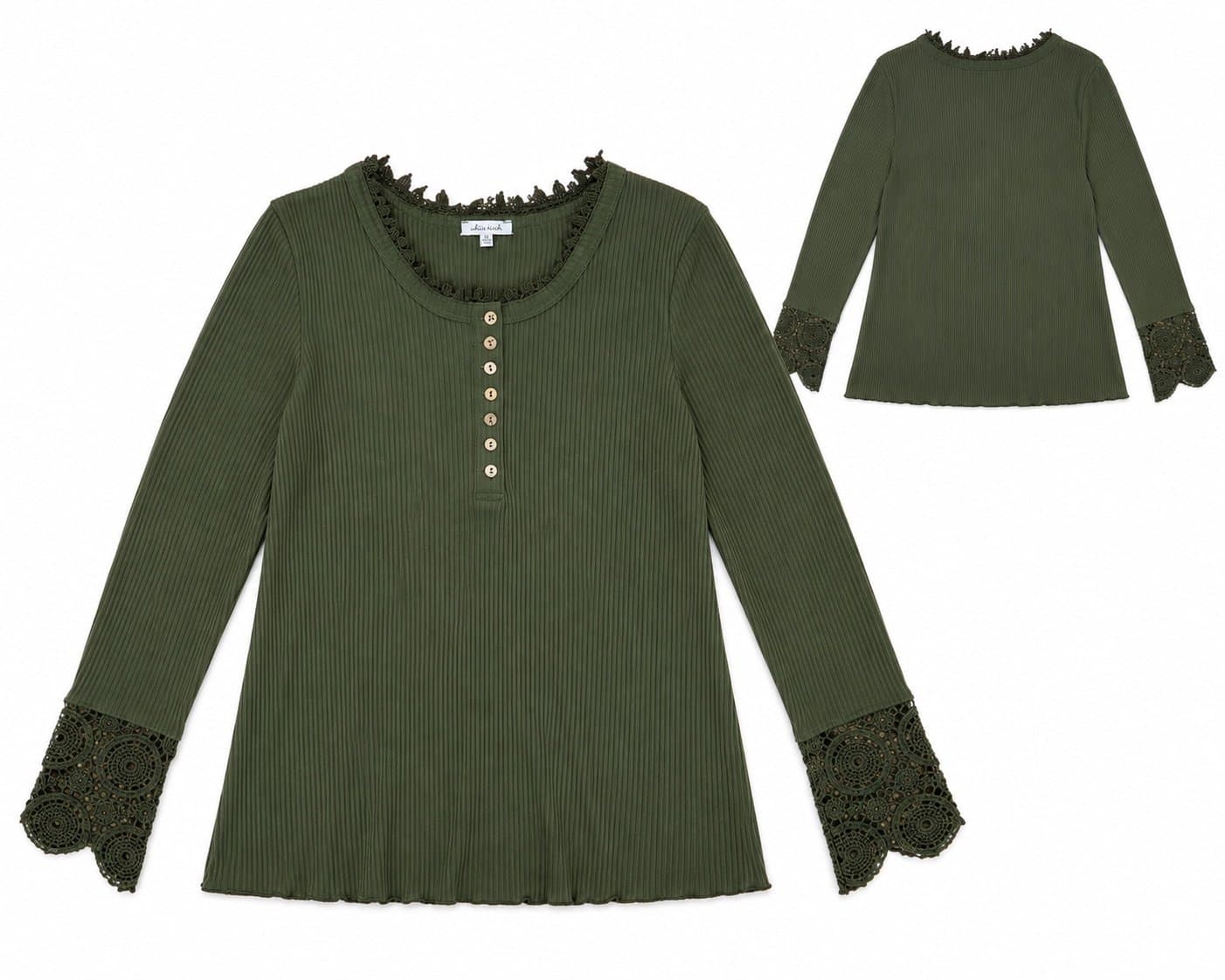 White Birch 1X Olive Green Ribbed Henley Top Crochet Lace Bell Sleeve Plus Size
