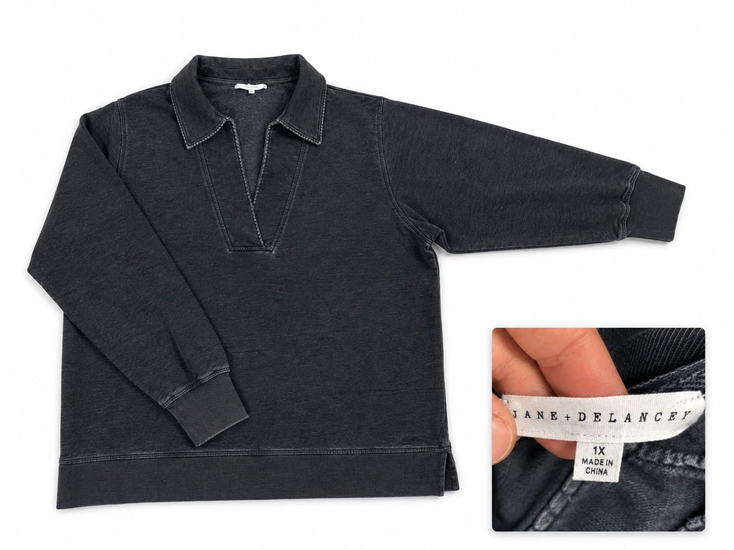 Jane + Delancey Women’s 1X Charcoal Washed Collared Pullover Sweatshirt