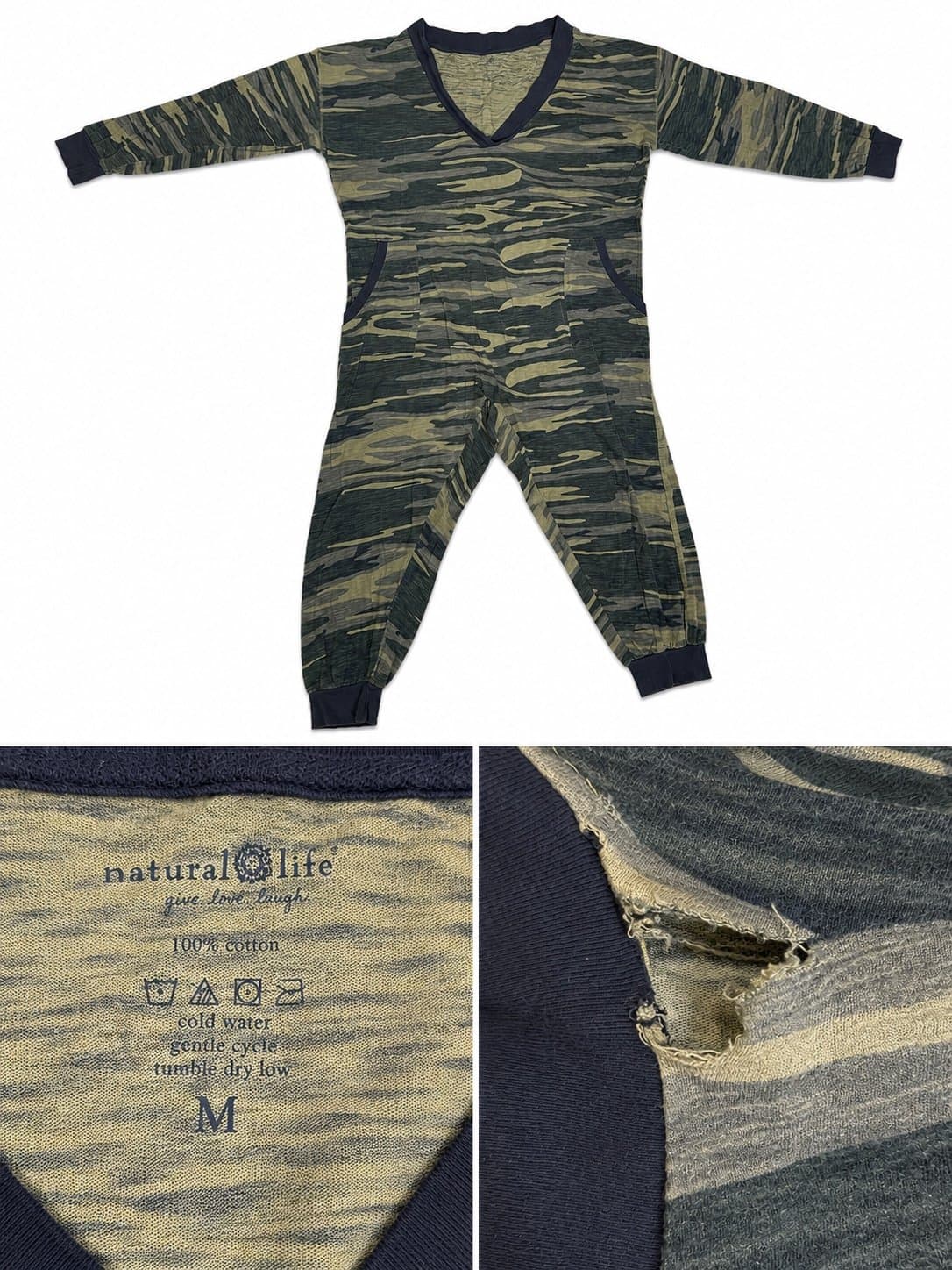 Natural Life Camo Long Sleeve V-Neck Jumpsuit Romper Pockets Women’s Medium