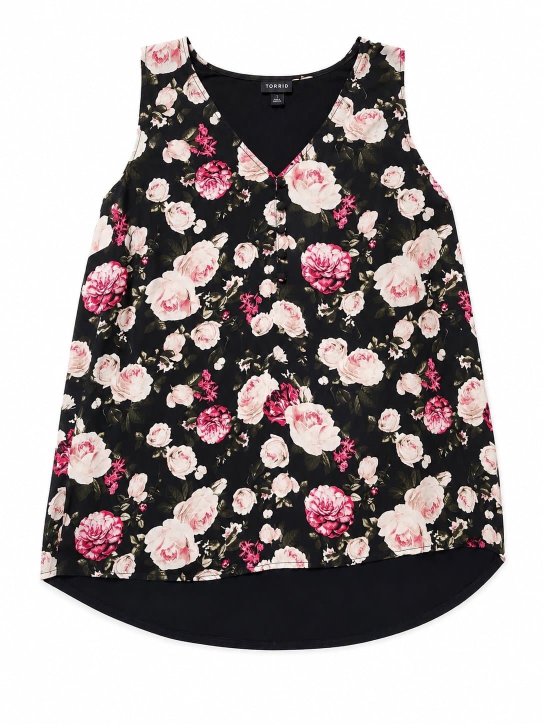 Torrid Floral Sleeveless Hi-Low Blouse Top Women’s Size 1 (1X) Black Pink Roses