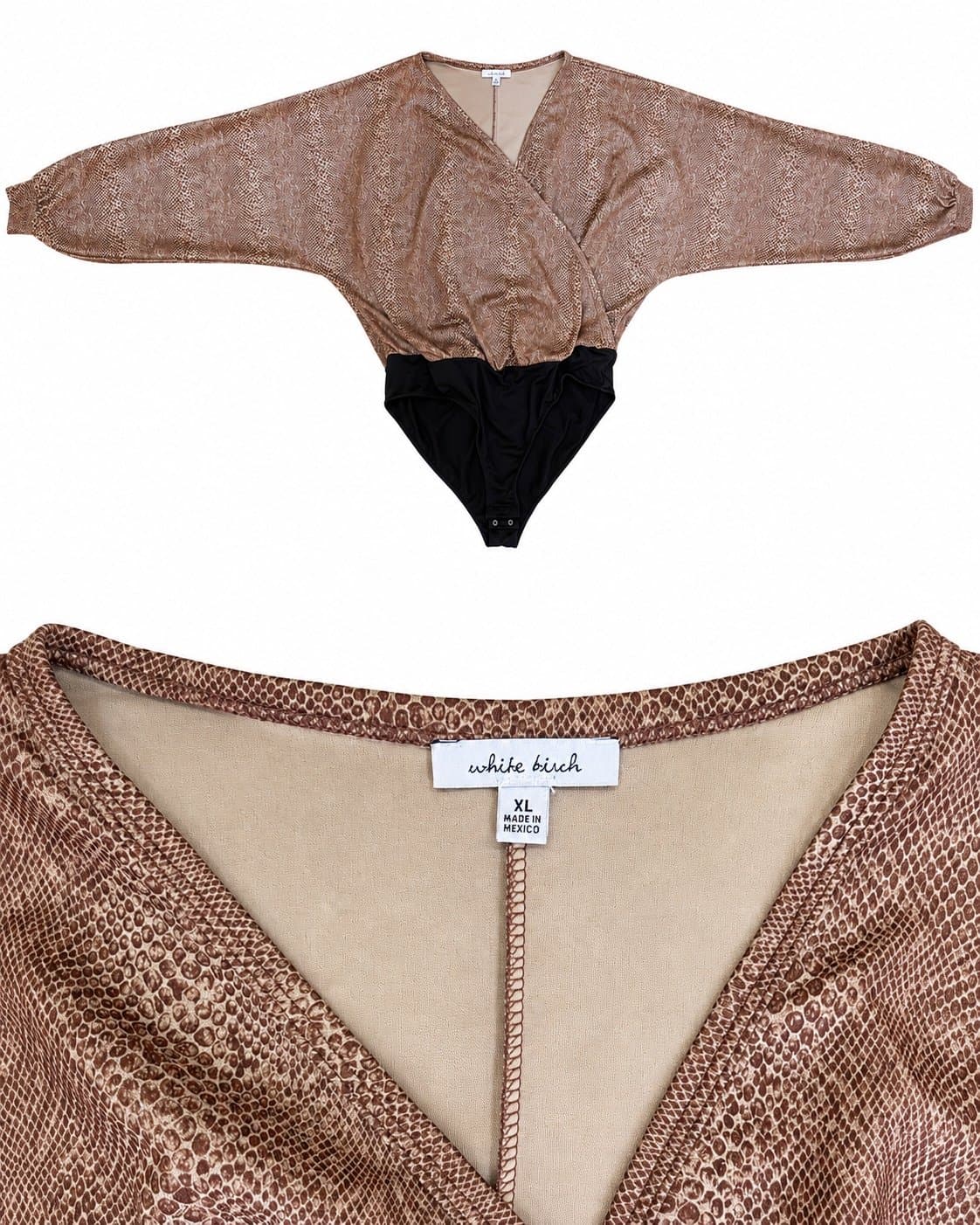 White Birch Snake Print Dolman Sleeve Wrap Bodysuit – Women’s XL