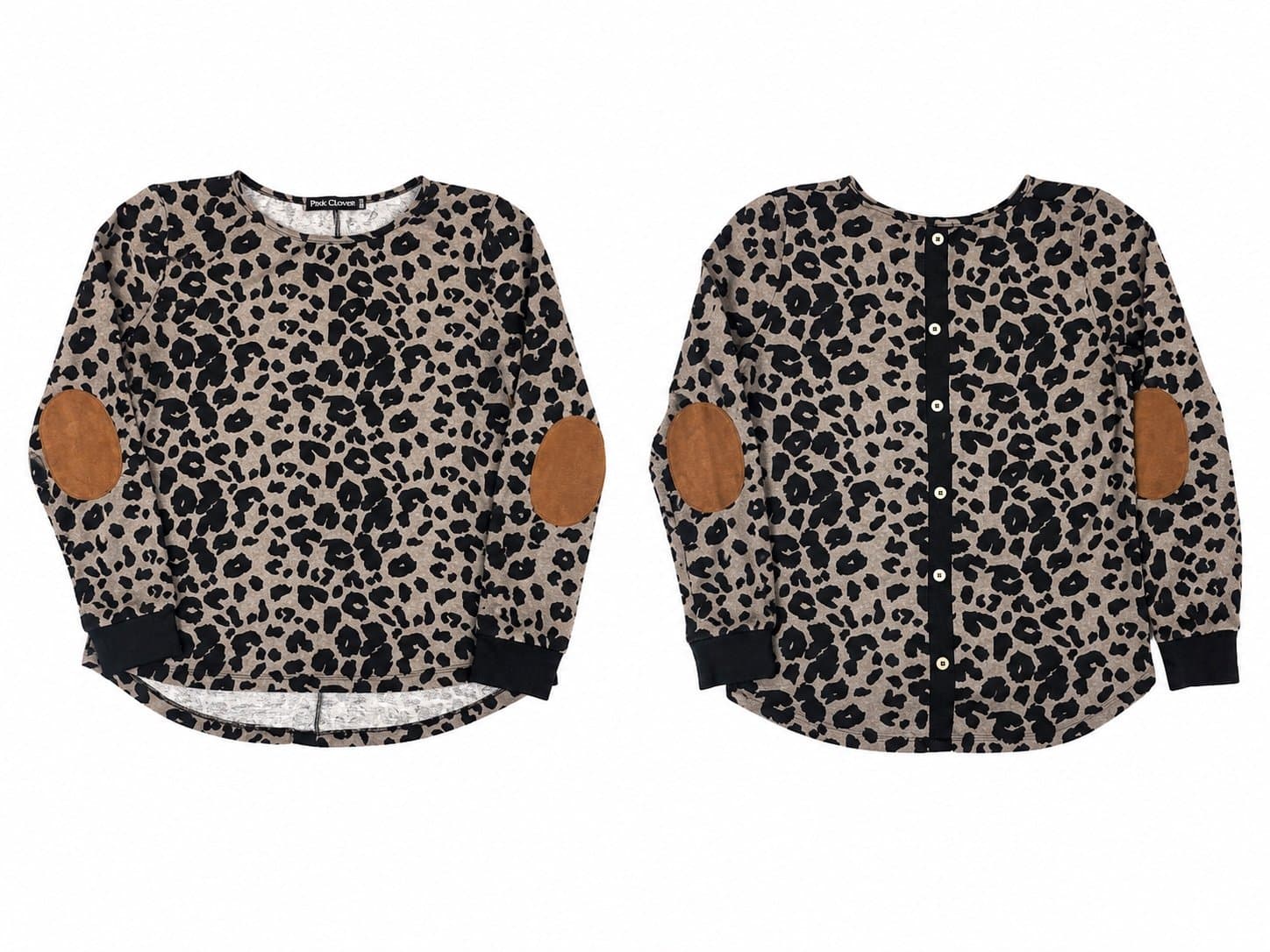 Pink Clover Leopard Print Long Sleeve Knit Top with Elbow Patches – L/XL