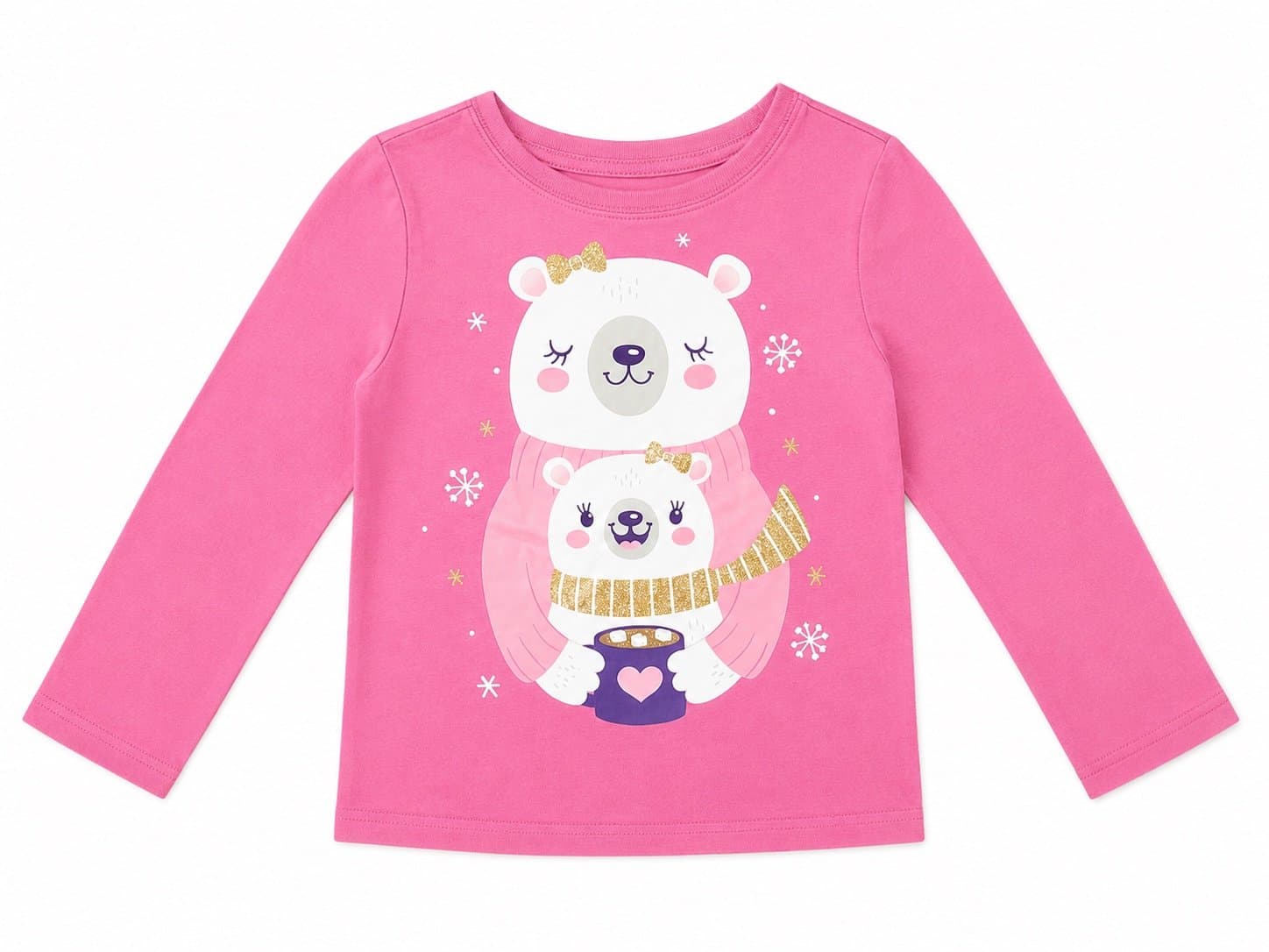 Girls Pink Polar Bear & Cub Long Sleeve Graphic Tee Toddler Winter Shirt 2T