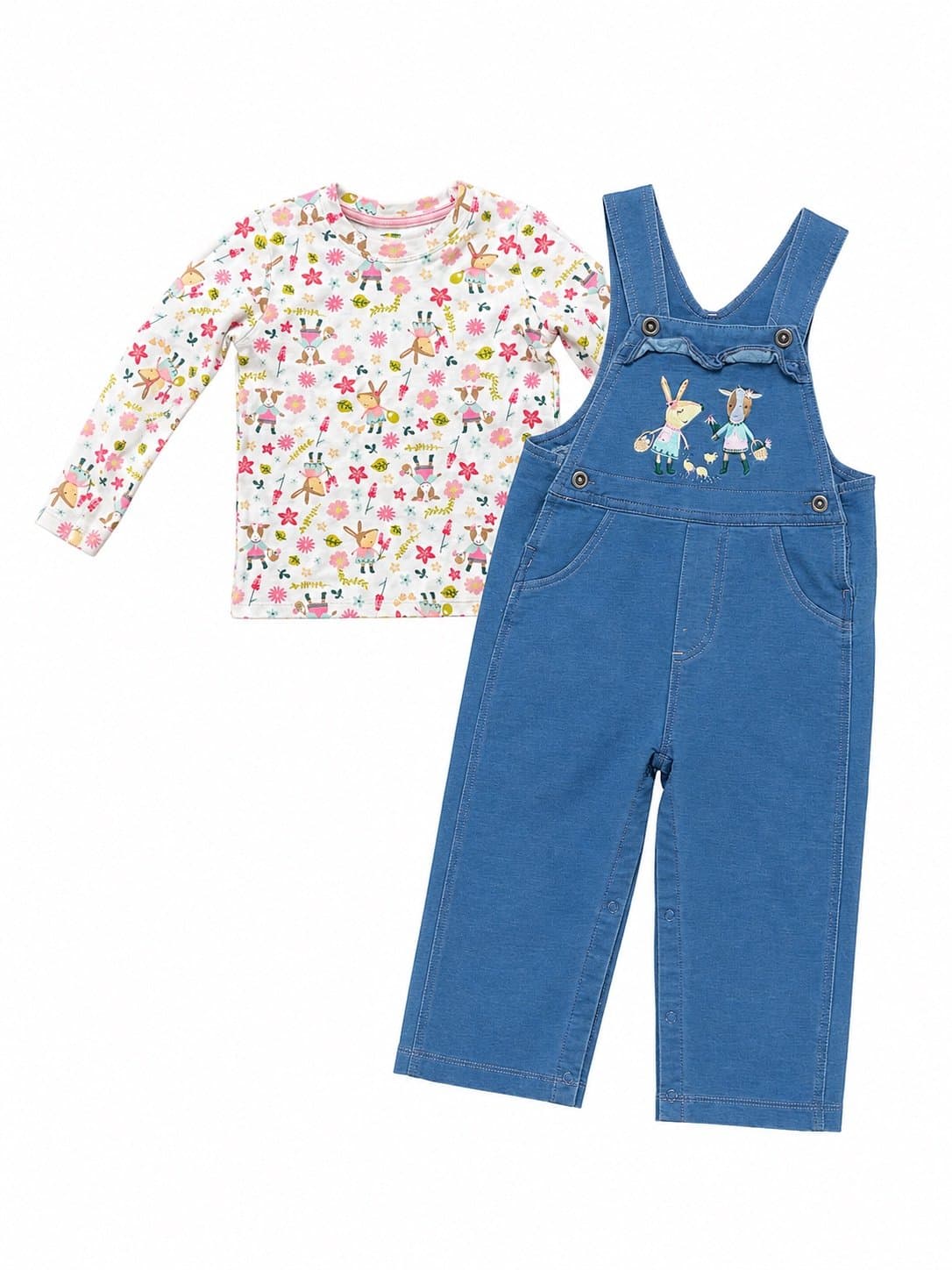 John Deere Toddler Girl 24M Bunny Farm Matching Outfit Blue Overalls & Shirt