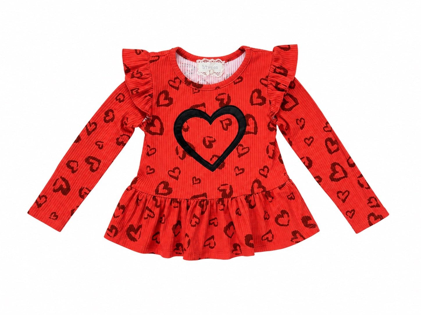 Btween Girls Ribbed Heart Peplum Top – Red/Coral Long Sleeve 2T
