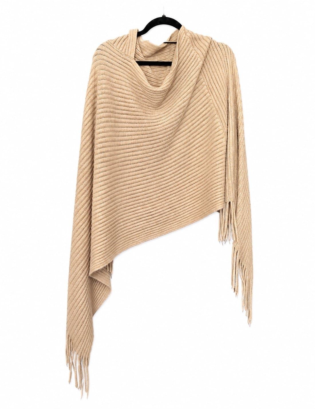 XXL Boutique Knit Fringe Poncho Sweater Wrap – Beige