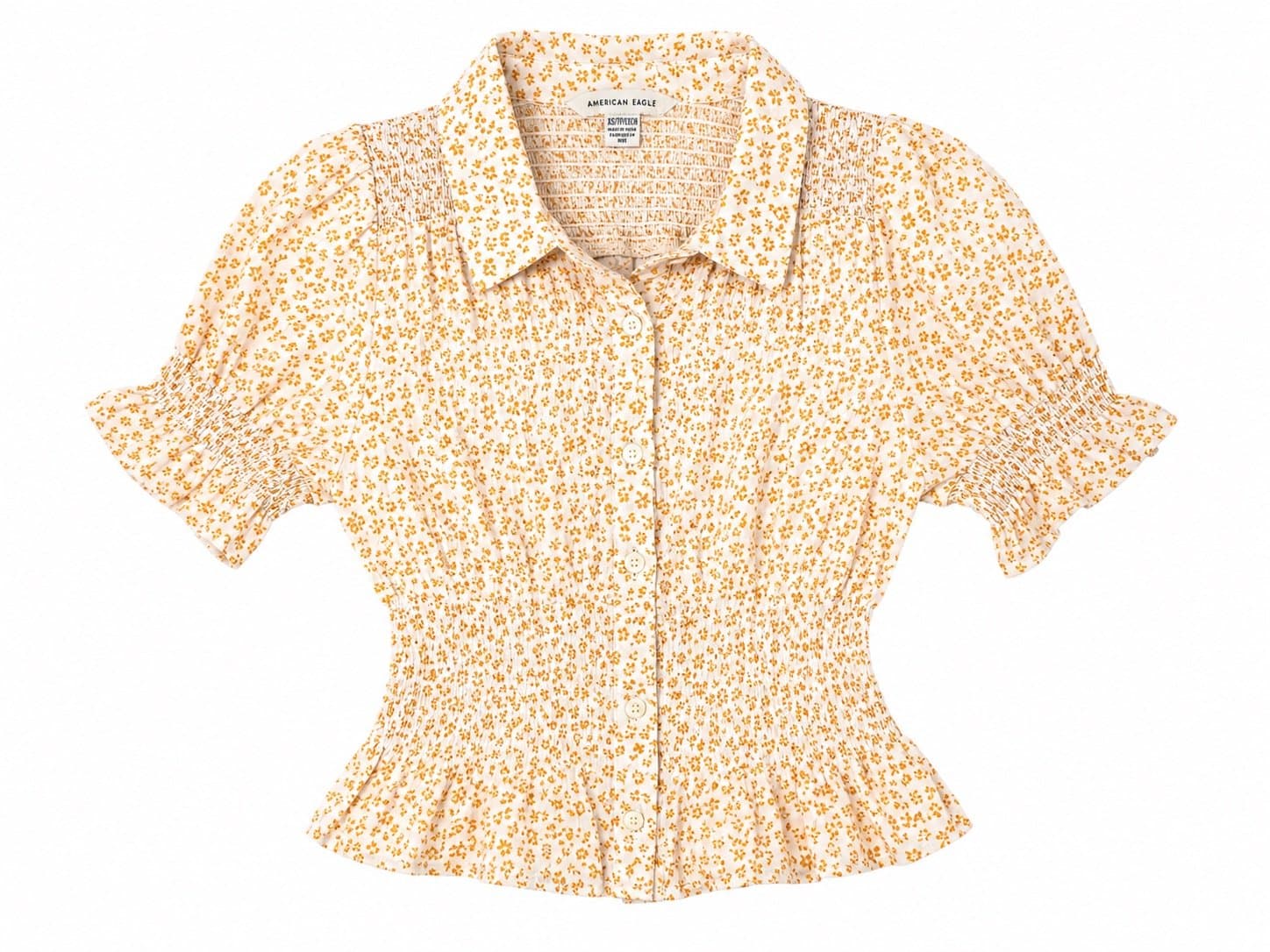 American Eagle Women’s XS Cream Yellow Floral Smocked Peplum Button Front Blouse
