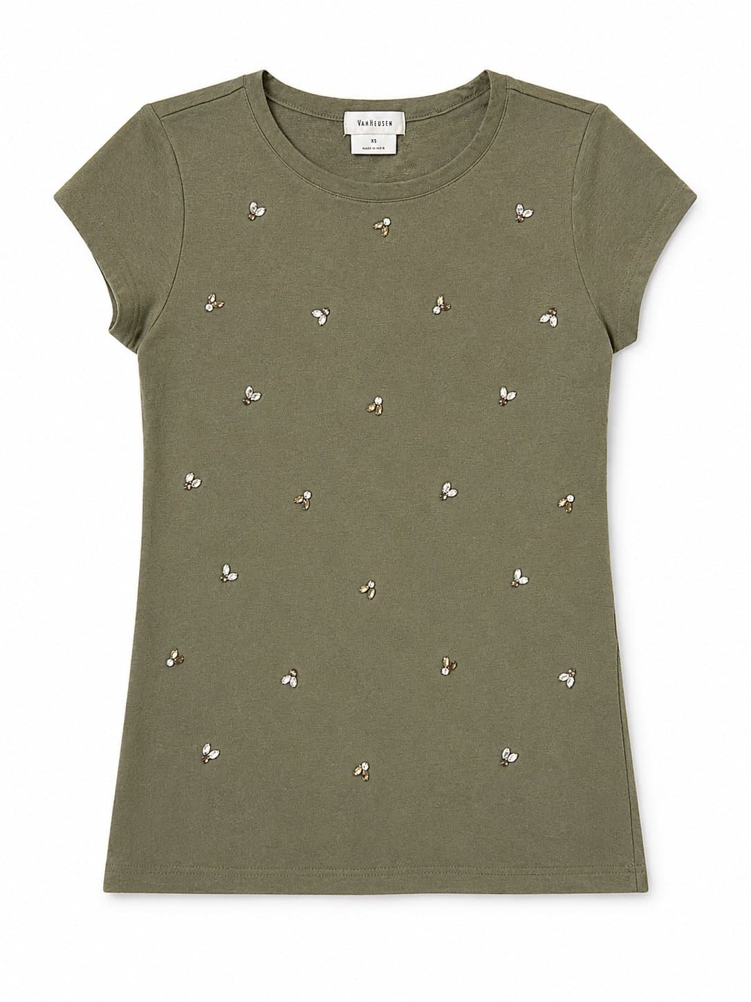 Van Heusen Olive Green Embellished Short Sleeve Top | Women’s XS