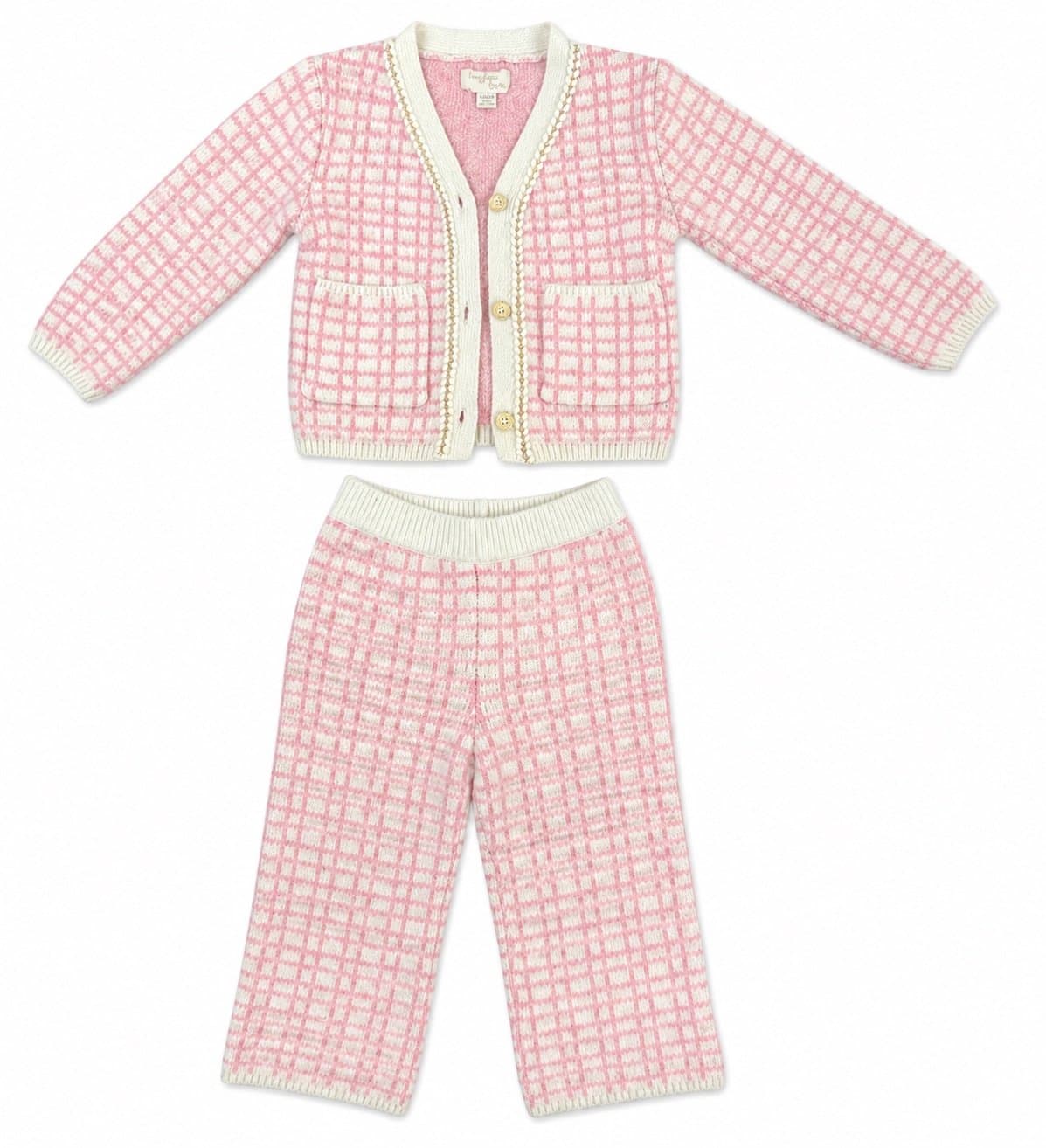 Btween Baby Pink & White Knit Cardigan & Pants Set | Size 24M