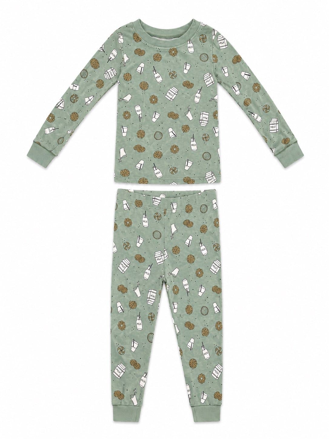 2T Milk & Cookies Cotton Pajama Set Green Long Sleeve 2 Piece Toddler