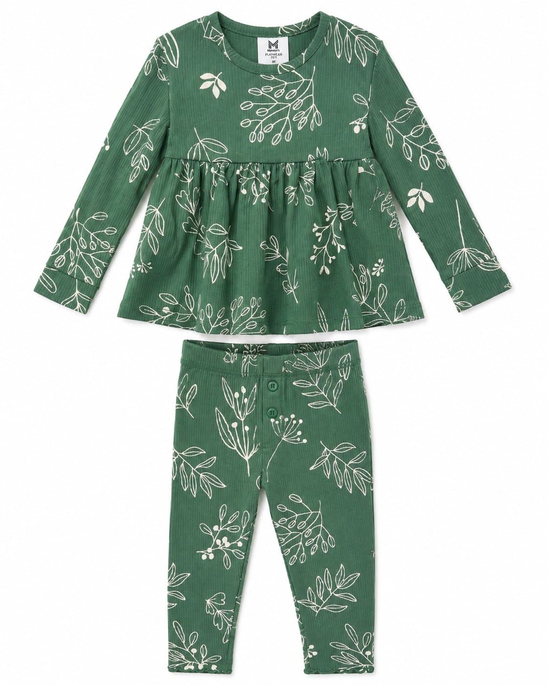 Member’s Mark Toddler Girls 2-Piece Playwear Set Green Floral Ribbed Outfit 2T
