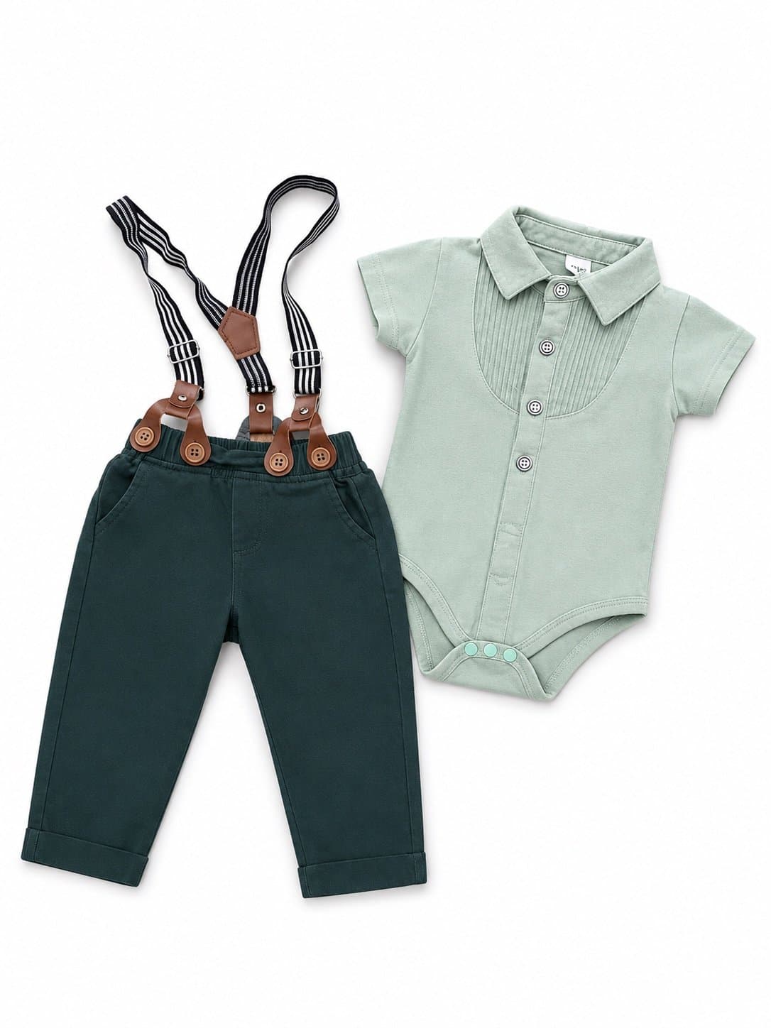 Boutique Baby Outfit Set | 12–18 Months | Sage Green Bodysuit + Suspender Pants