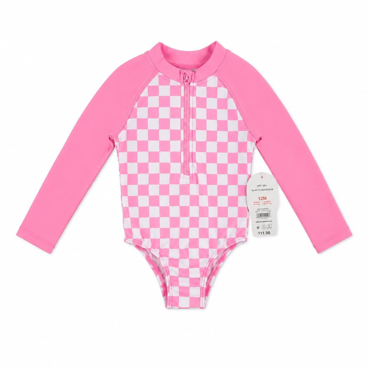 NWT Cat & Jack Pink & White Checkered Long Sleeve Rash Guard Swimsuit – 12M