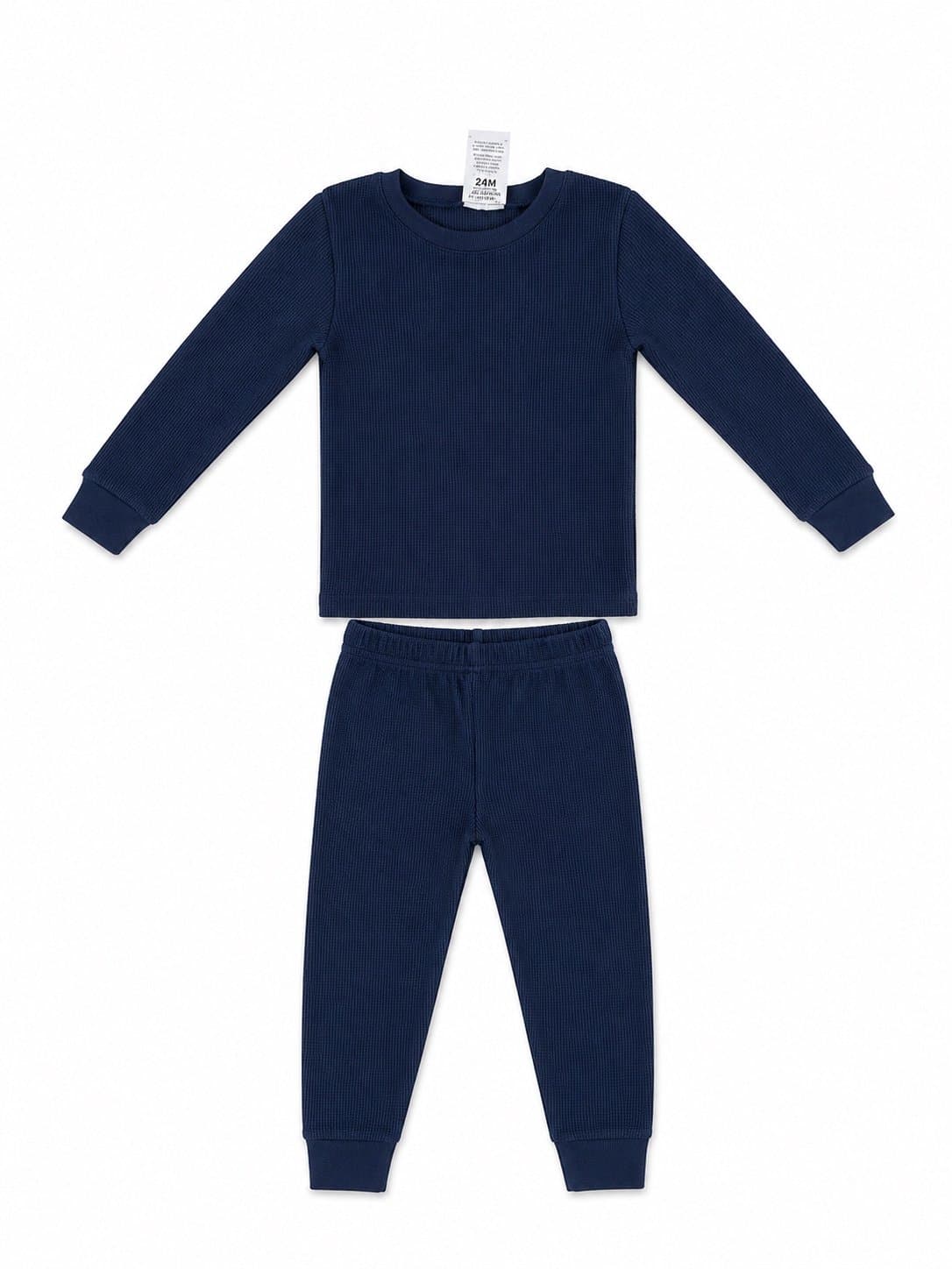 Mon Petit Navy Blue Waffle Knit Thermal Pajama Set – Size 24 Months